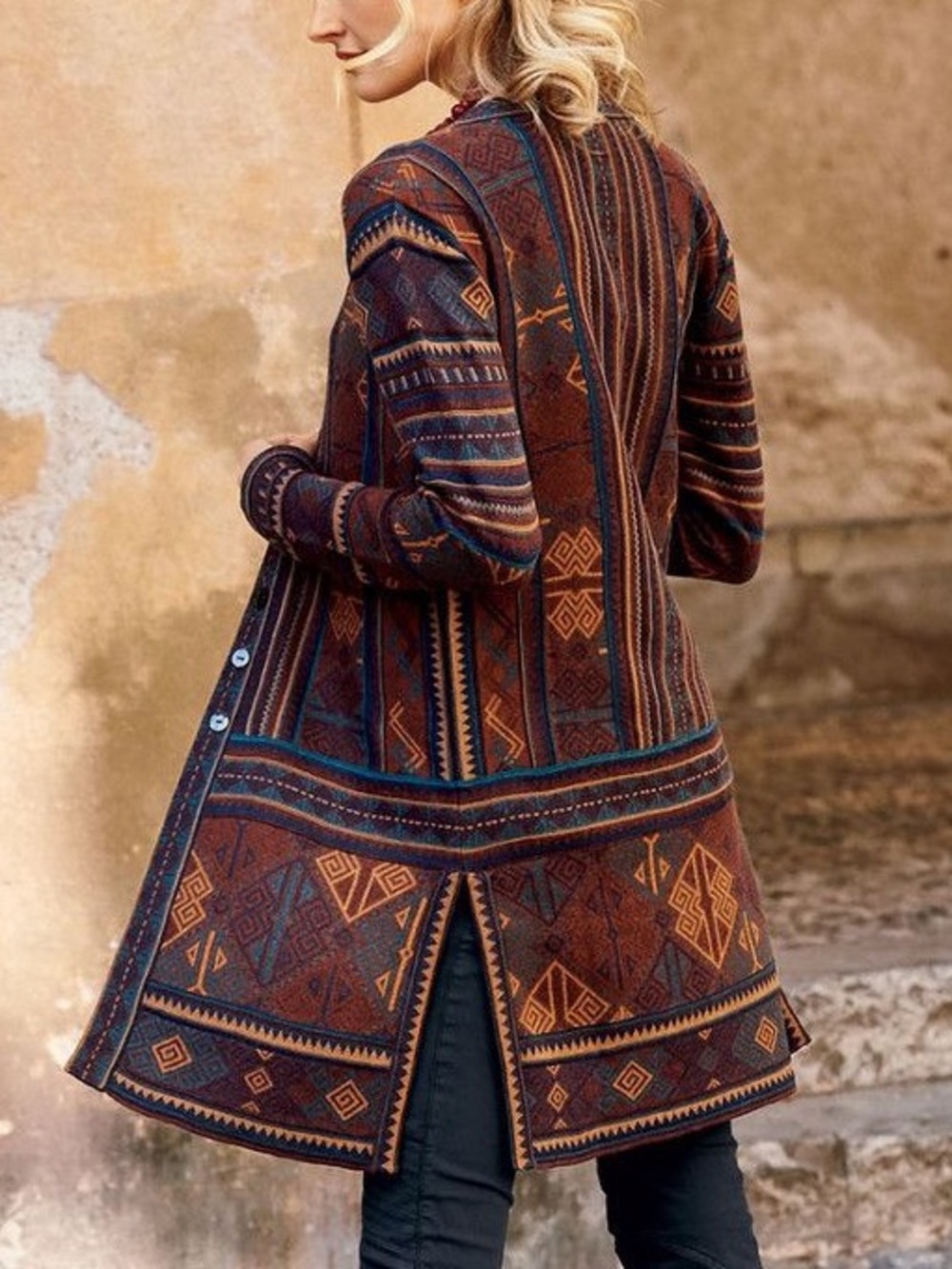 Peruvian Connection red blue Aztec Pima cotton button down long cardigan sz S